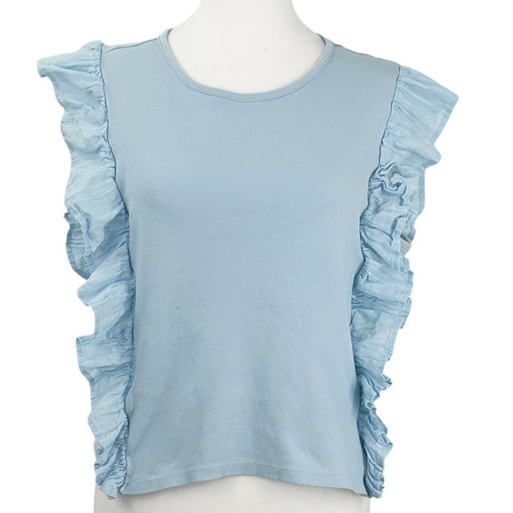 Calligraphie Tops - Calligraphie Ruffled Blue 100% Cotton Top Size L